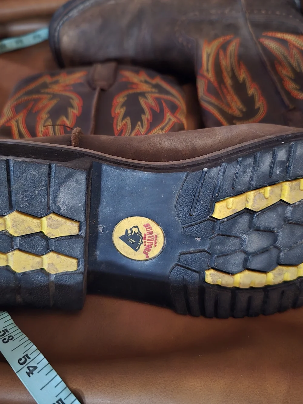 Men's 8.5 Brown Western Work Boots with Embroidered Flame Detail